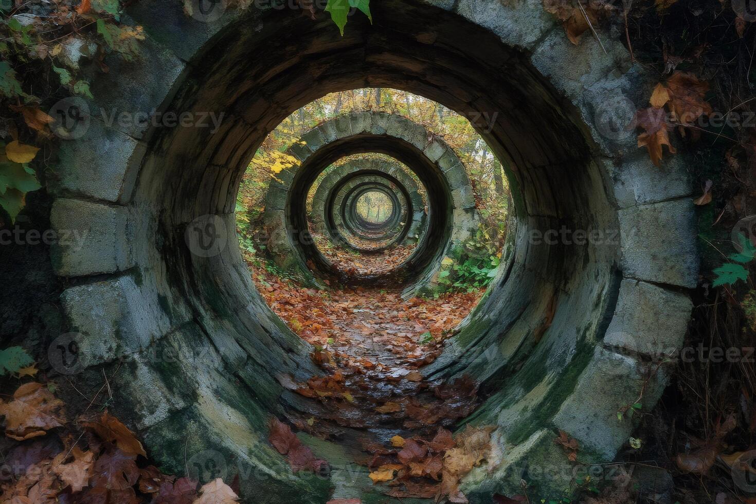 Circular concrete pipes creating a tunnel in autumn forest photo
