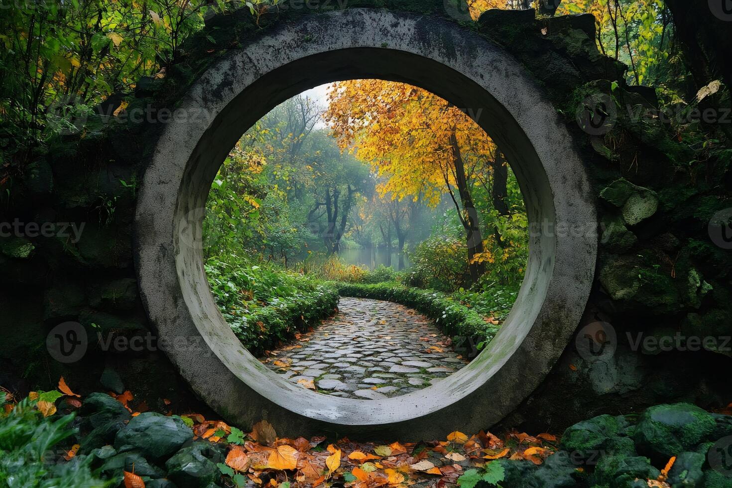 Circular gate framing picturesque autumn path in lush garden photo