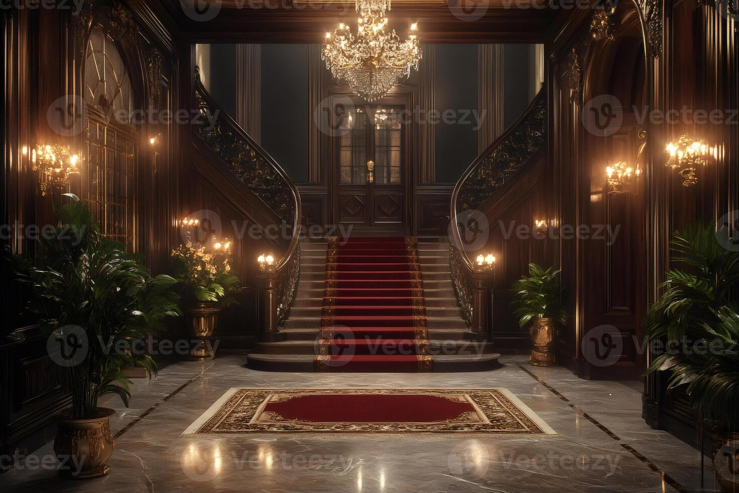 Luxurious mansion interior with grand staircase and crystal chandelier illuminating red carpet photo