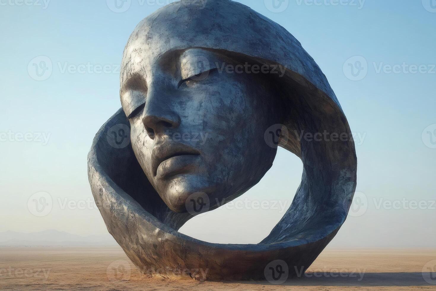 Giant female head sculpture emerging from abstract shape in desert photo