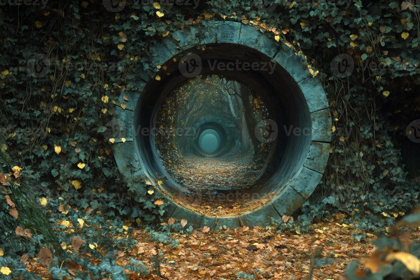 Concrete pipe covered by ivy creating a tunnel in a forest during autumn photo