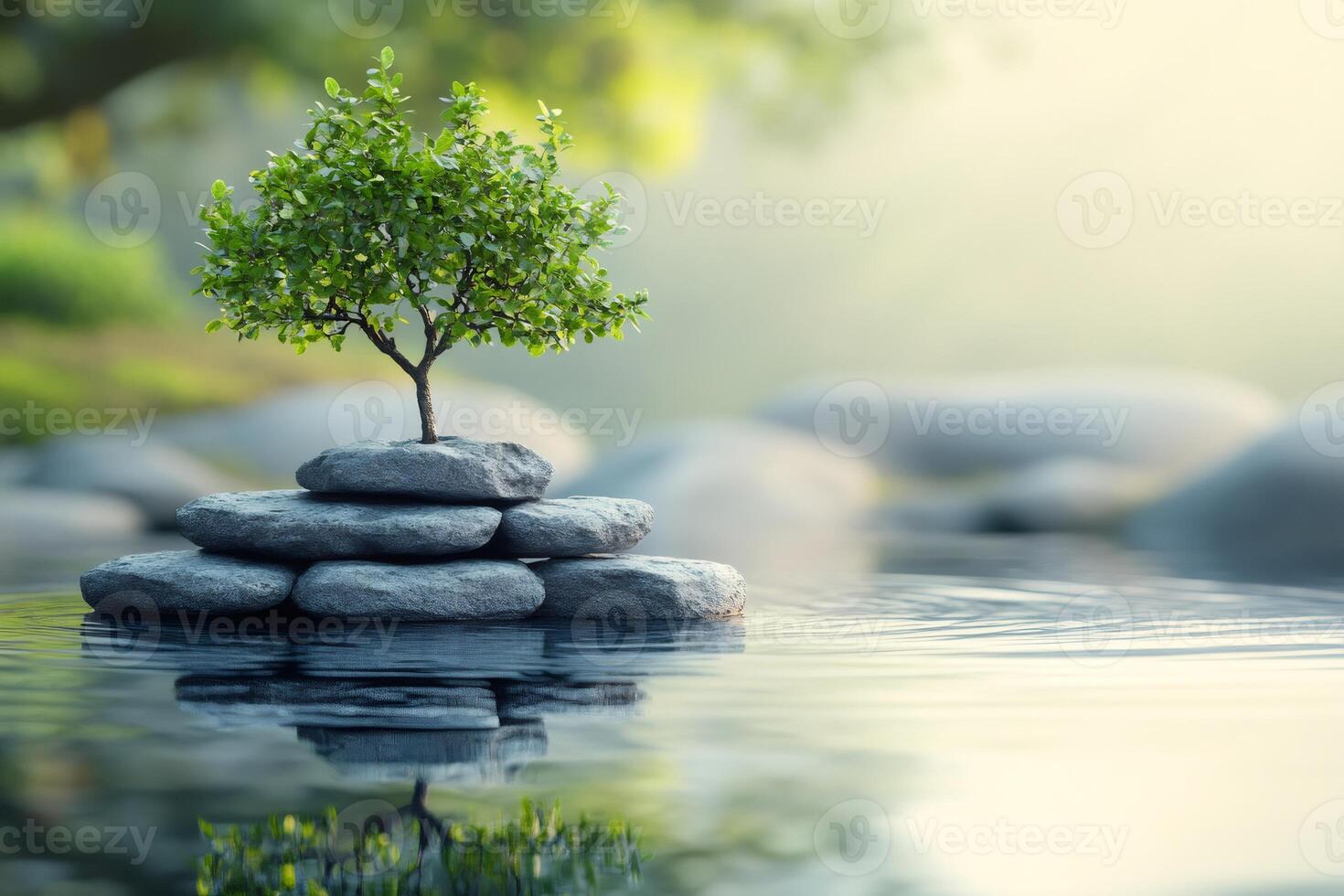Small bonsai tree growing on stacked rocks in a pond photo