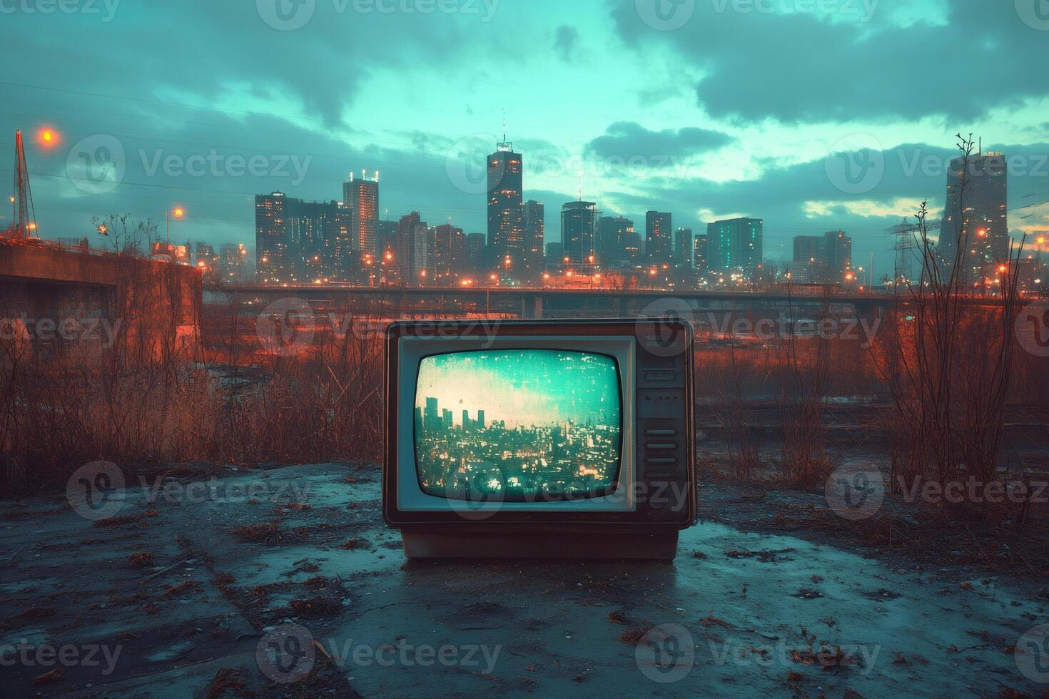 Old analog television showing city skyline at dusk in desolate urban landscape photo