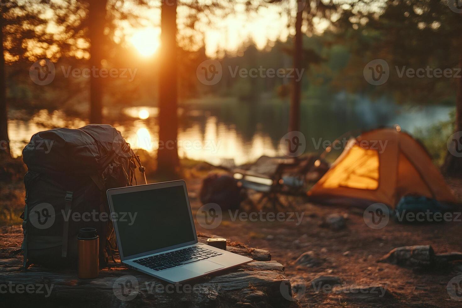 Laptop, backpack and tent by the lake at sunset in the woods, working remotely while camping photo