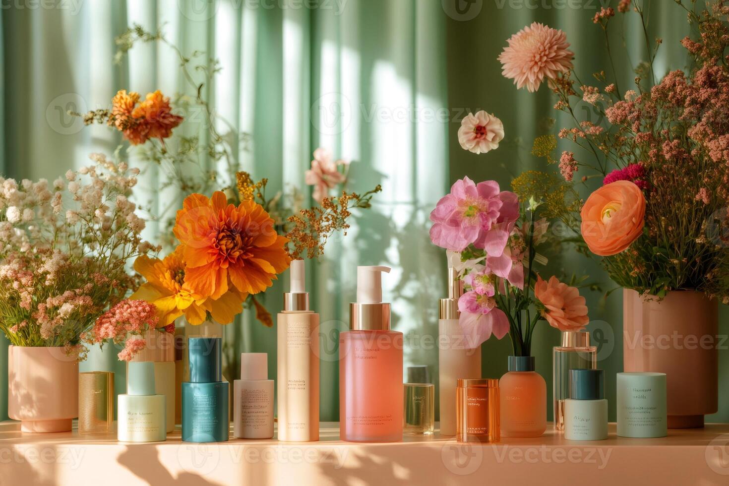 Beauty products displayed with fresh flowers creating a serene atmosphere photo