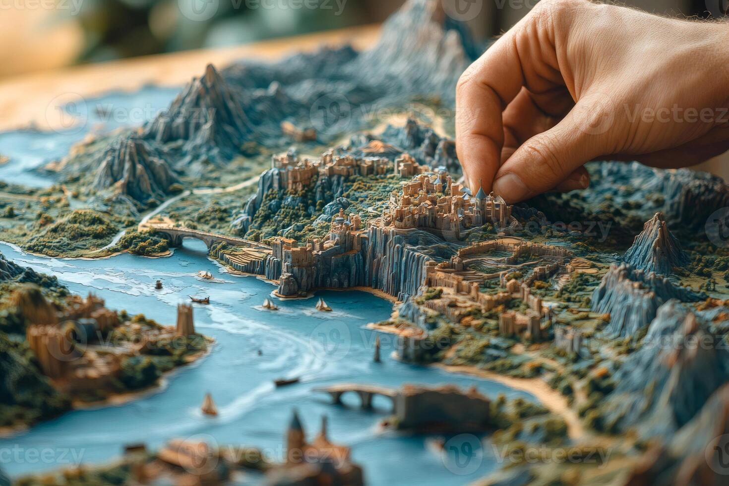Artist placing miniature building on fantasy world map photo
