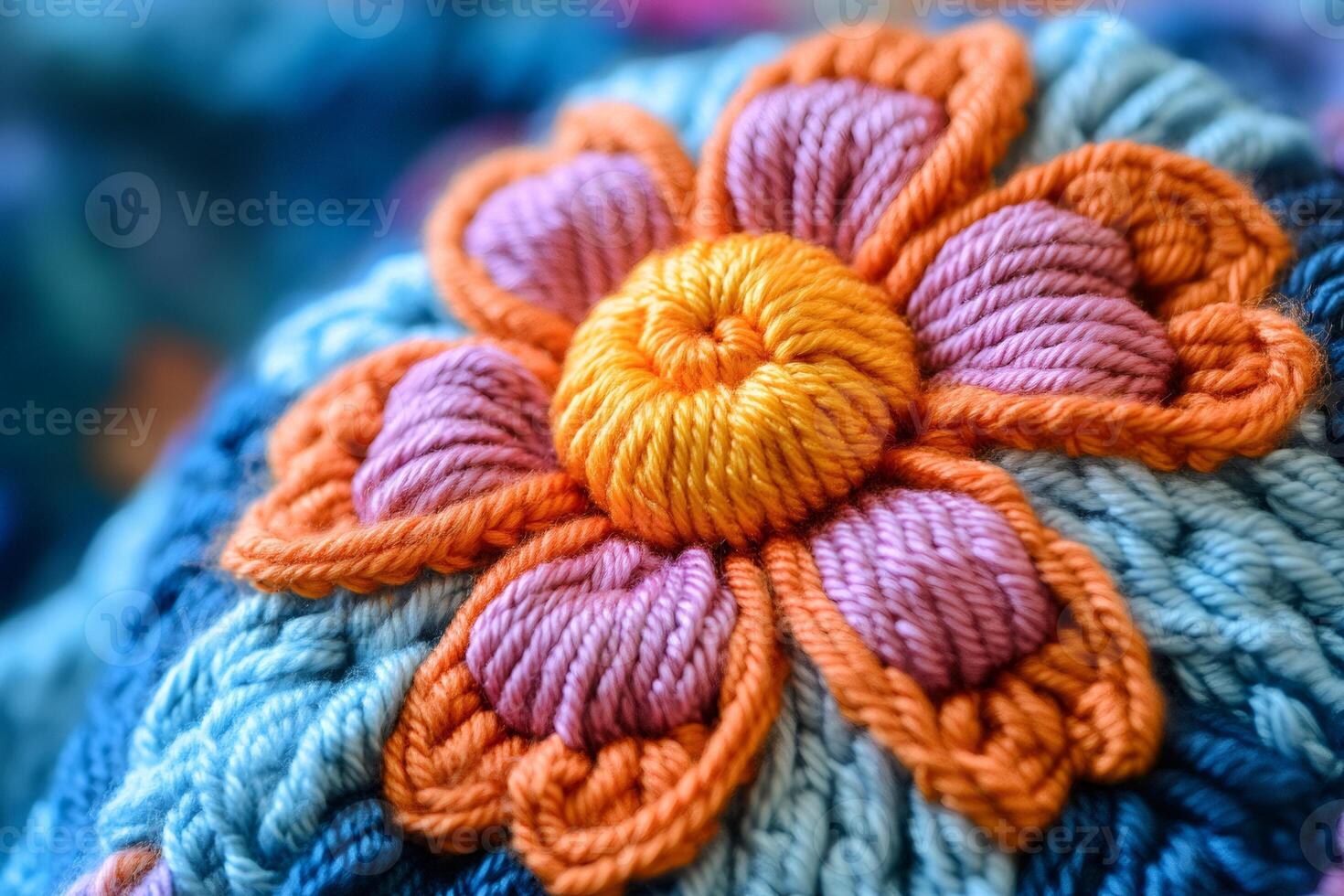 Colorful woolen flower showing handmade craft and knitting skills photo