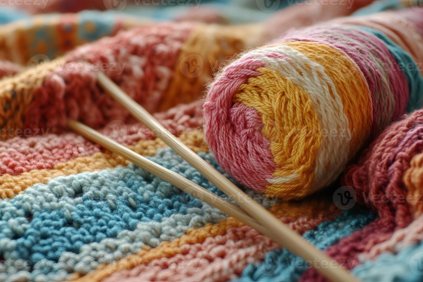 Colorful ball of yarn and knitting needles resting on handmade scarf photo
