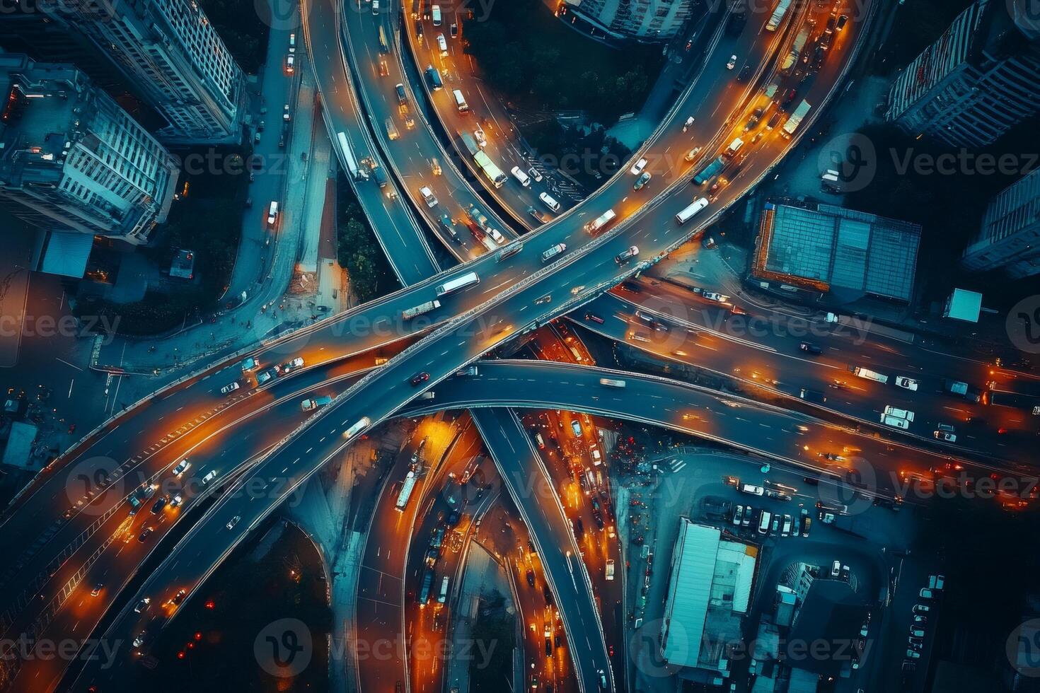 Highway interchange traffic flowing at dusk, aerial view of urban mobility photo