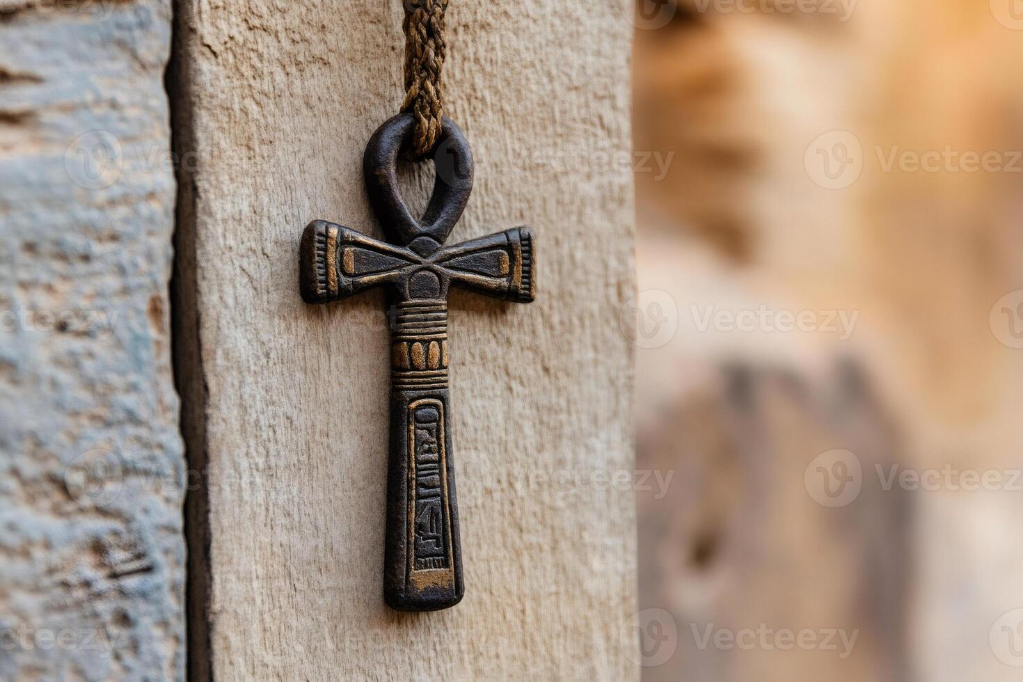 Ancient egyptian ankh hanging on wooden surface symbolizing eternal life photo