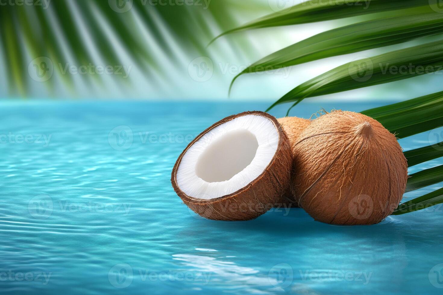 Fresh coconuts resting on tranquil turquoise water with palm leaves gently swaying photo
