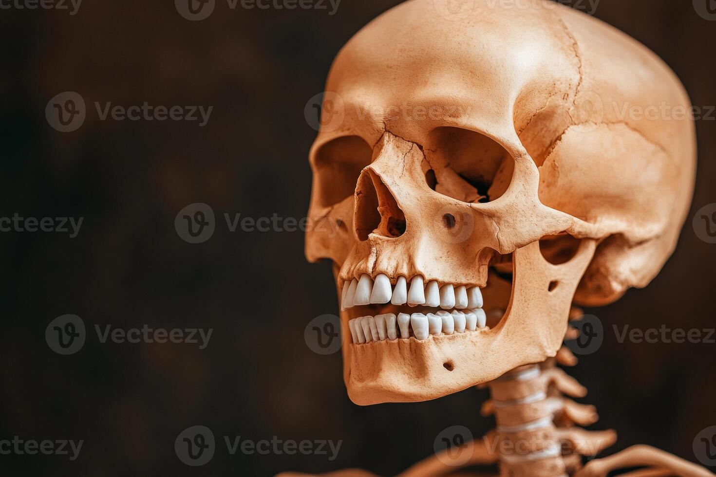 Human skull showing teeth and cervical vertebrae on dark background photo
