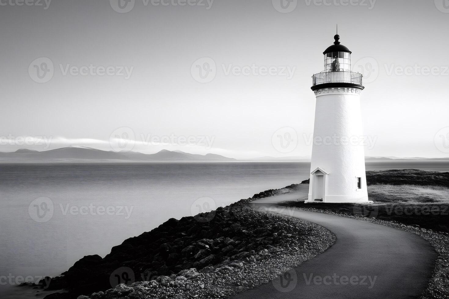 Lighthouse guiding ships on rocky coast in black and white photo