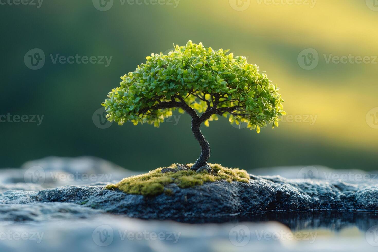 Small bonsai tree growing on mossy rock in peaceful setting photo