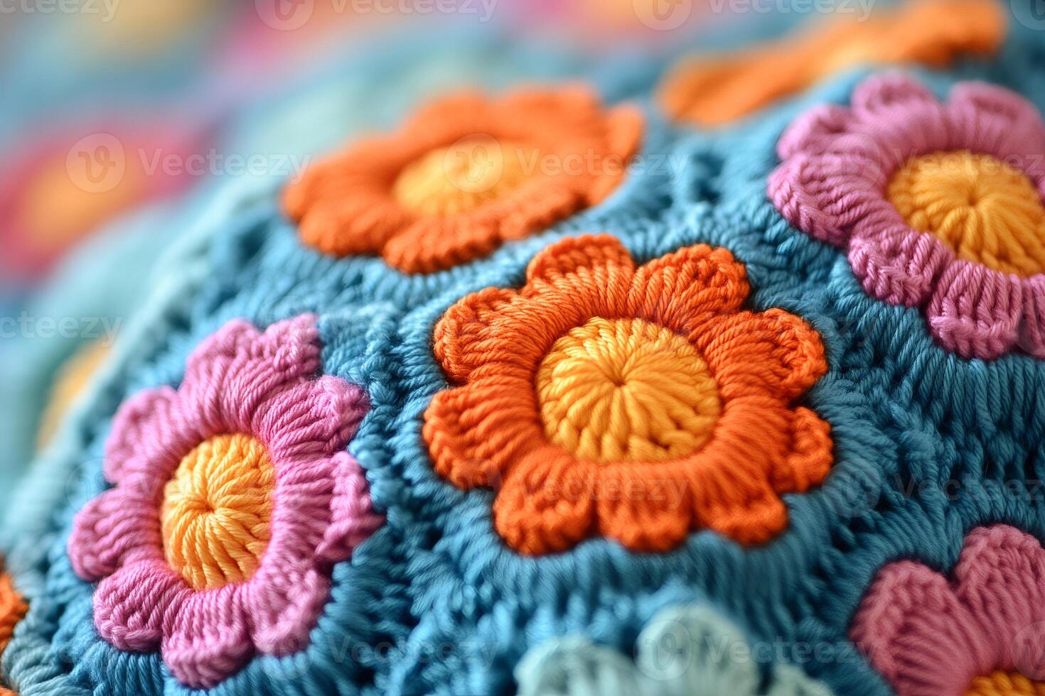 Colorful crochet flowers covering handmade knitted blanket photo