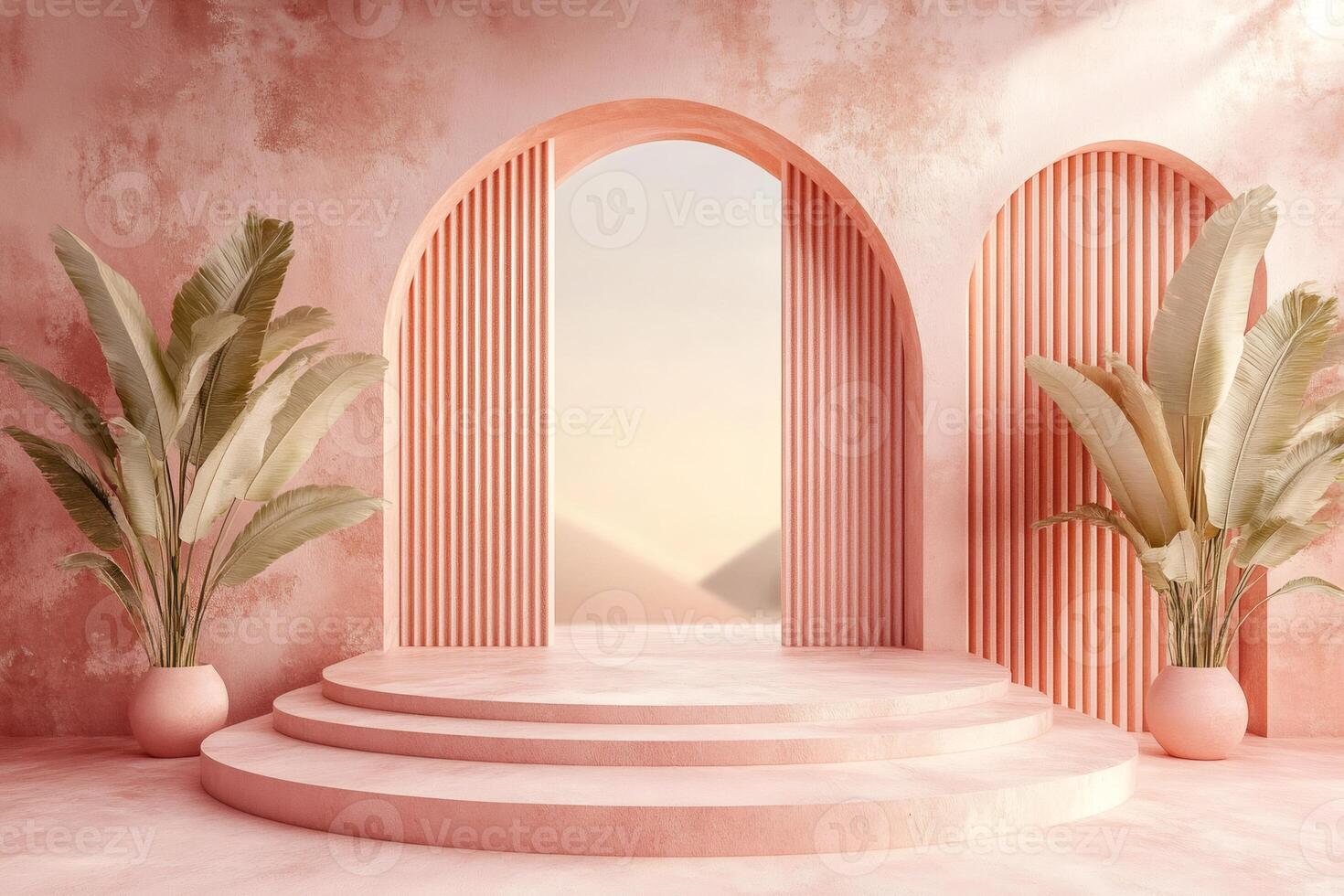 Pink minimalist archway podium displaying tropical plants and sunset view photo