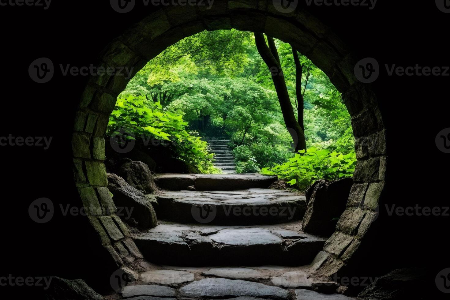 Stone archway leading to lush green forest path photo