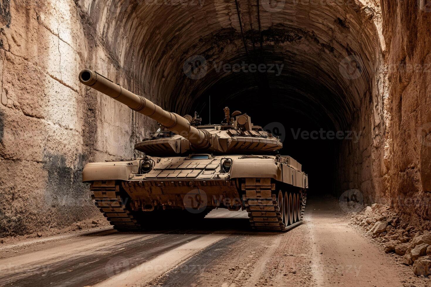 Powerful military tank exiting a dark tunnel in a desert environment photo