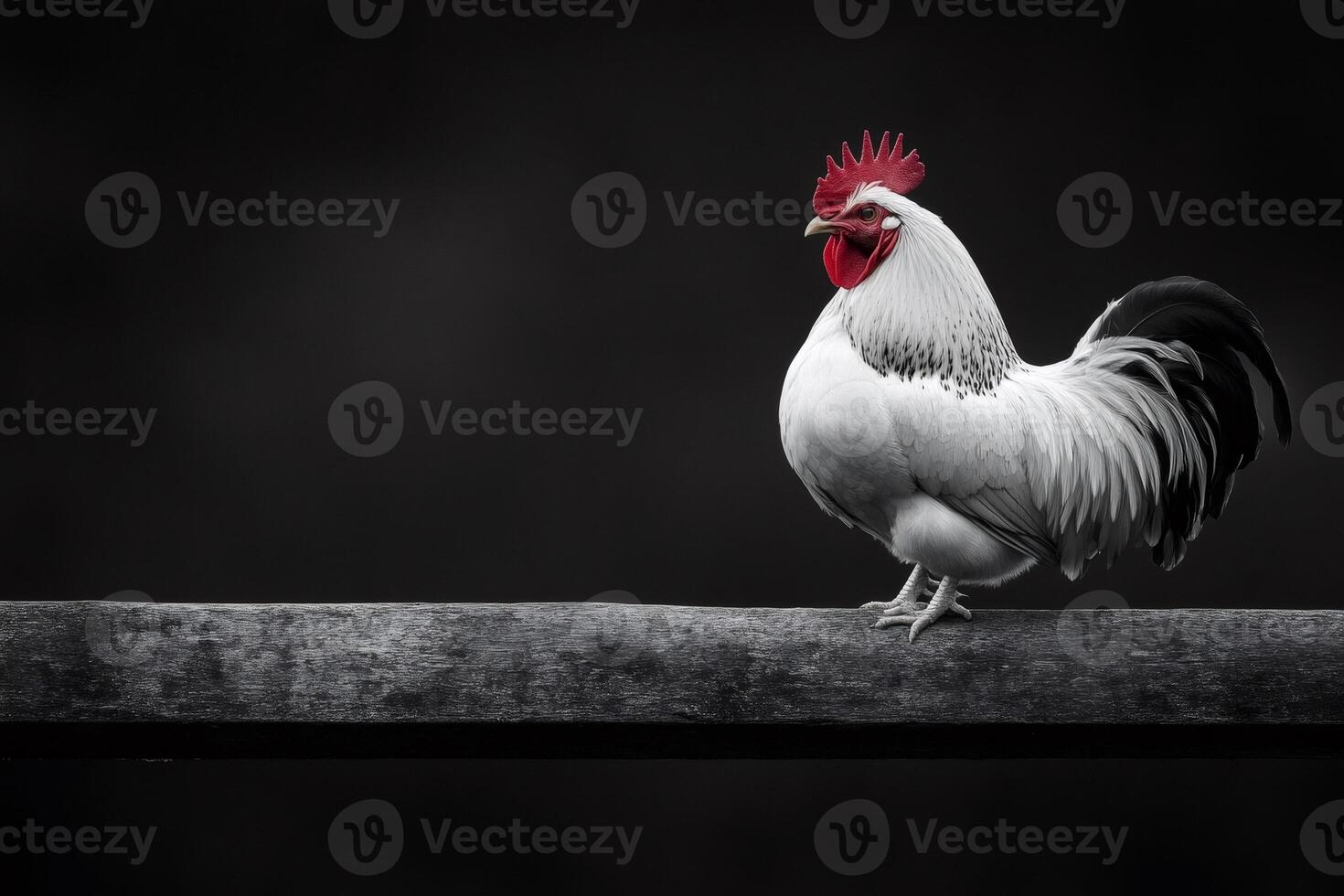 White rooster standing on wooden beam on black background photo