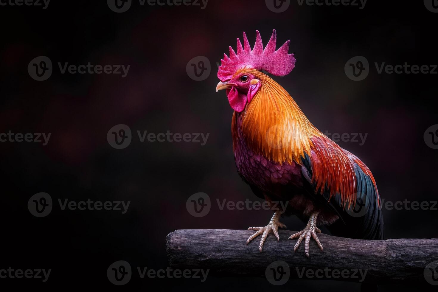Colorful rooster standing on a branch with dark background photo