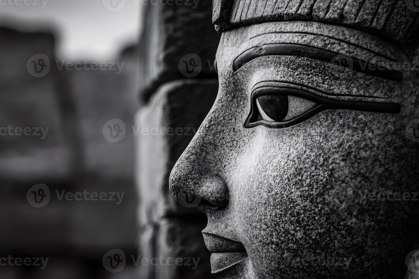 Majestic stone face of egyptian pharaoh observing the desert landscape in black and white photo