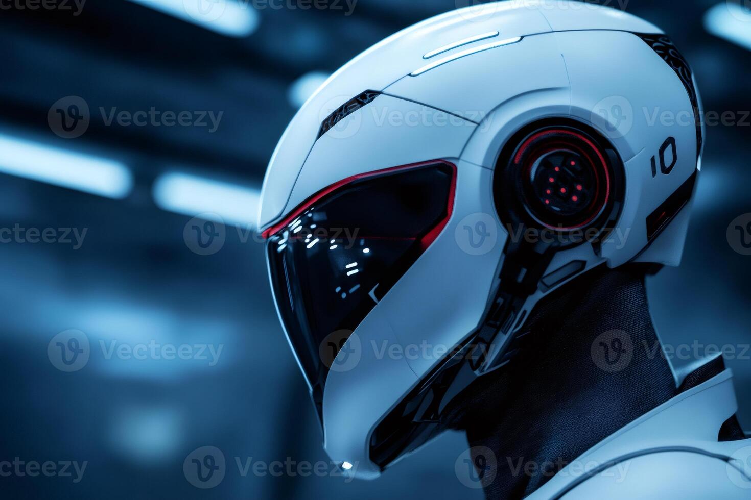 Futuristic astronaut wearing advanced helmet exploring space station photo