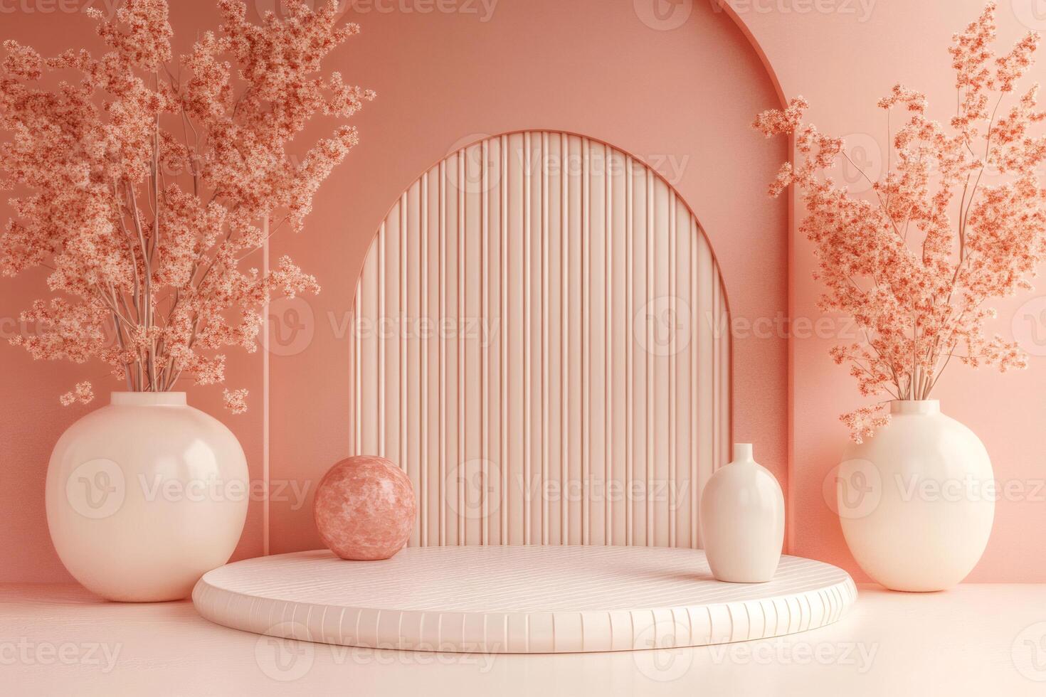 Round display podium decorated with pink flowers and vases in a room with arches photo