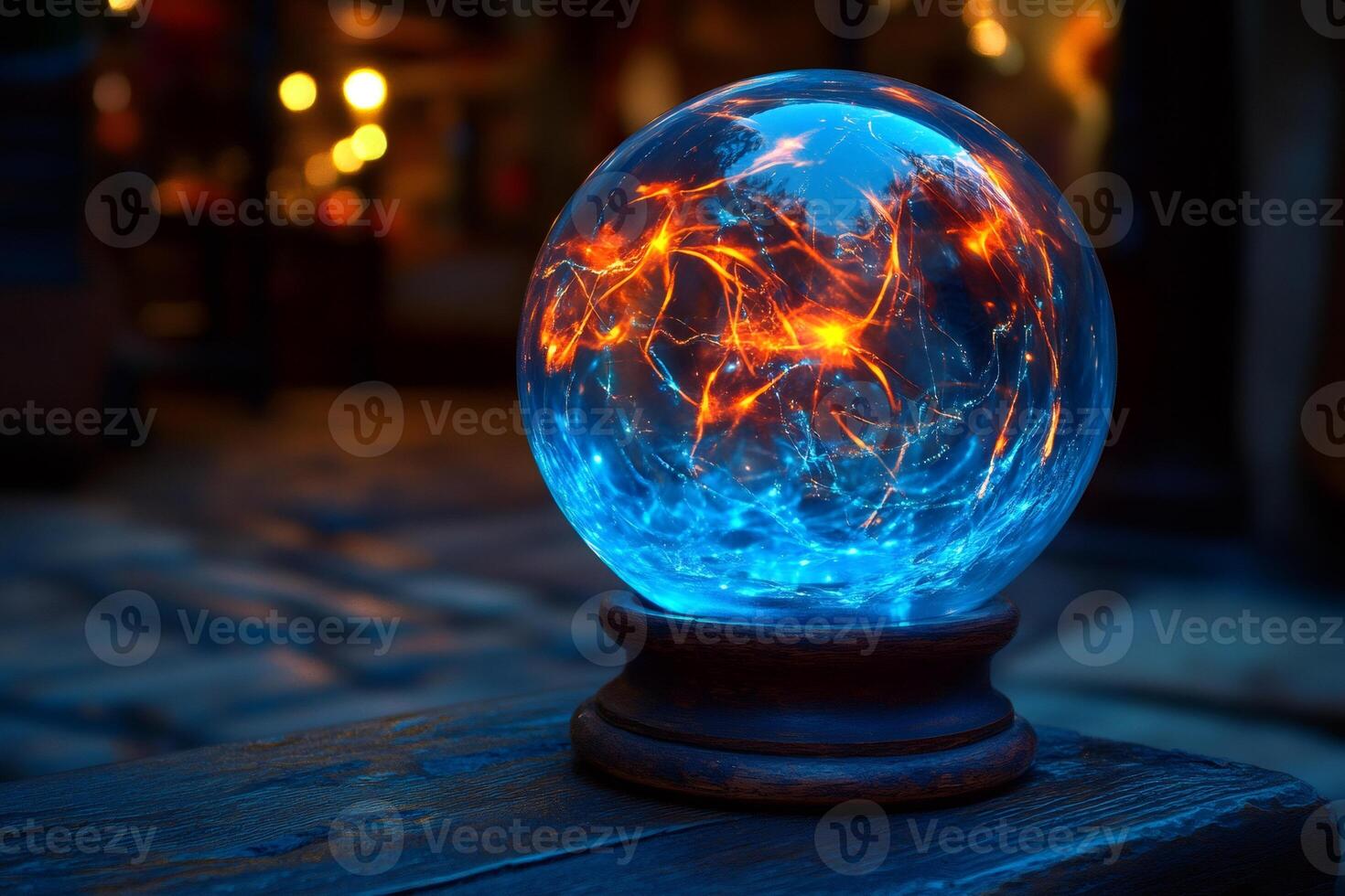 Plasma ball glowing on wooden surface at night, creating magical atmosphere photo