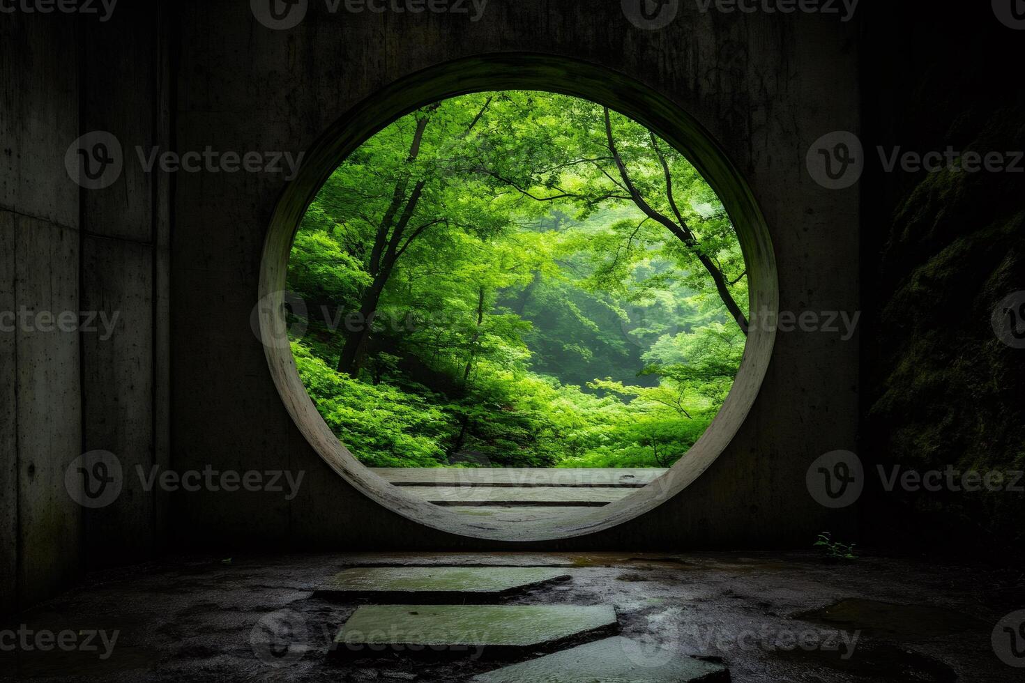 Circular window framing lush green forest in concrete structure photo
