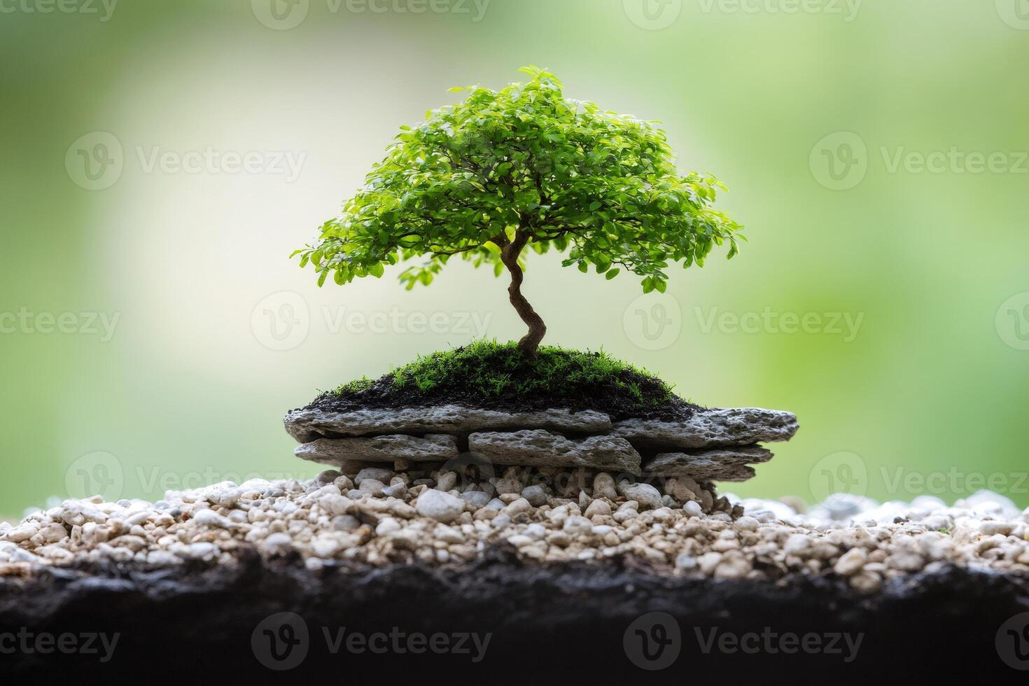 Small bonsai tree growing on a rock with green background photo