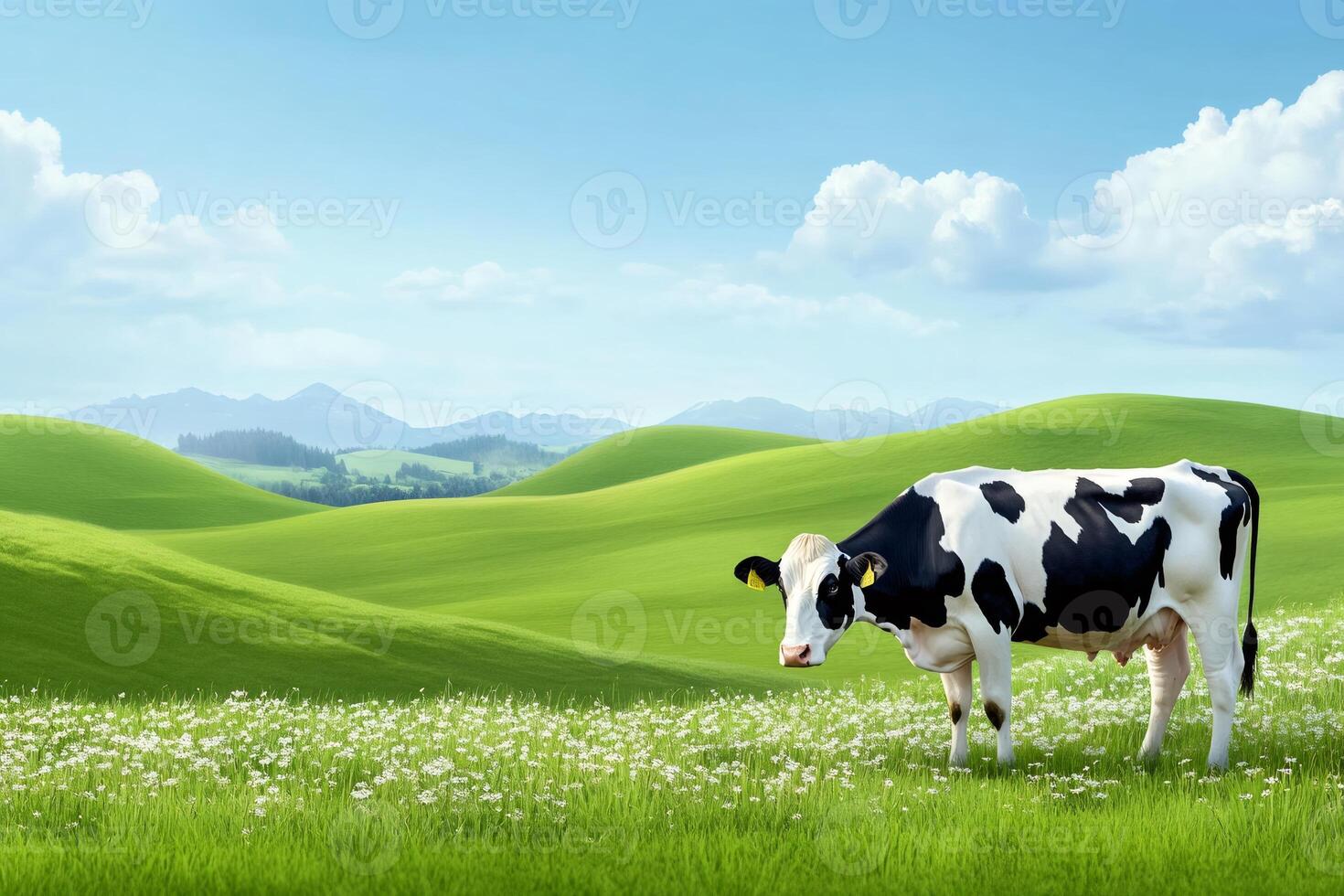 Healthy cow grazing in a green meadow with wildflowers and rolling hills photo