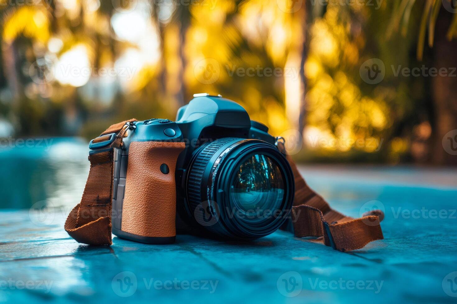 Modern digital camera resting near the swimming pool in a tropical resort photo