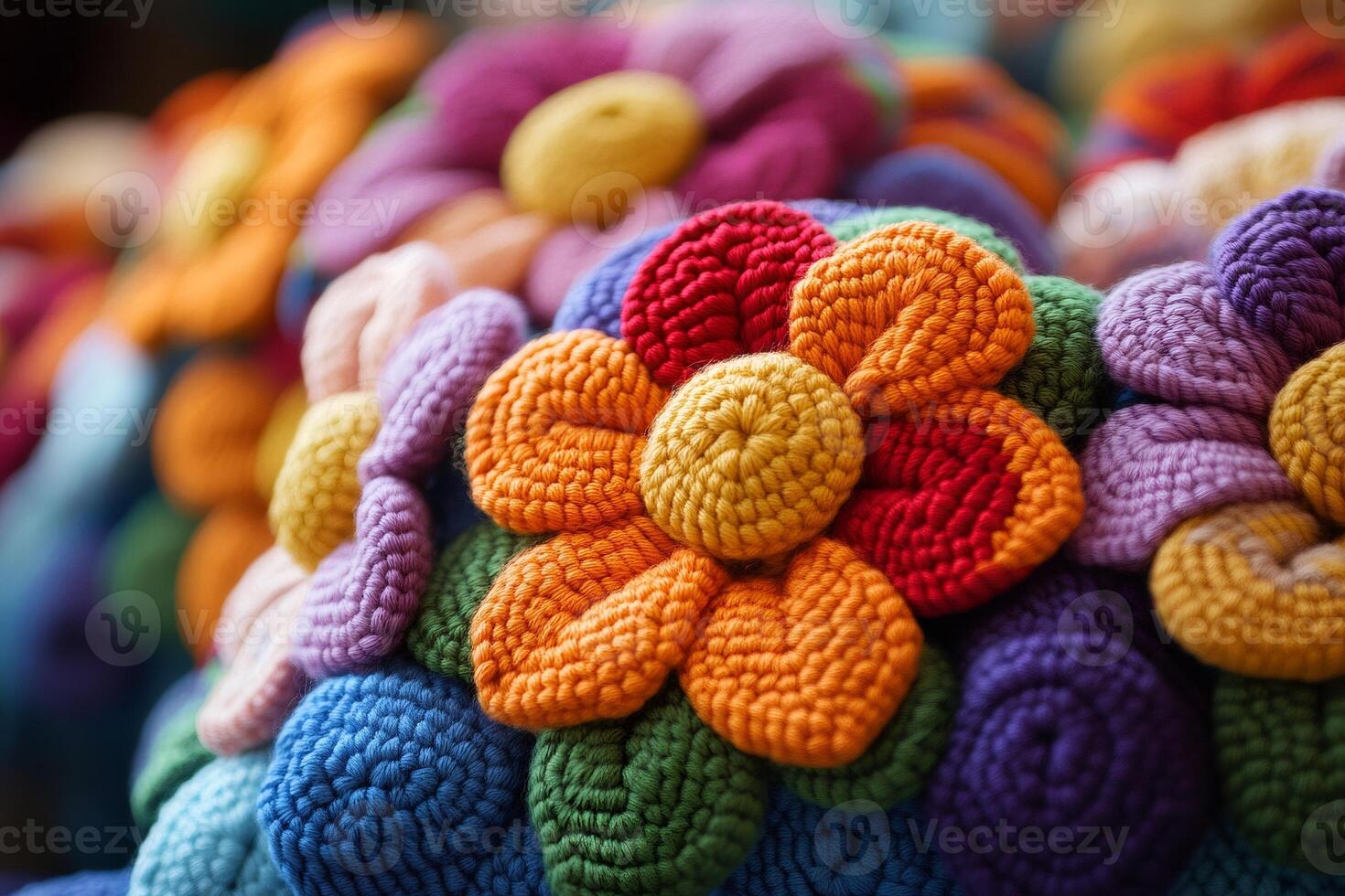 Colorful handmade crochet flowers forming a beautiful and vibrant pattern photo