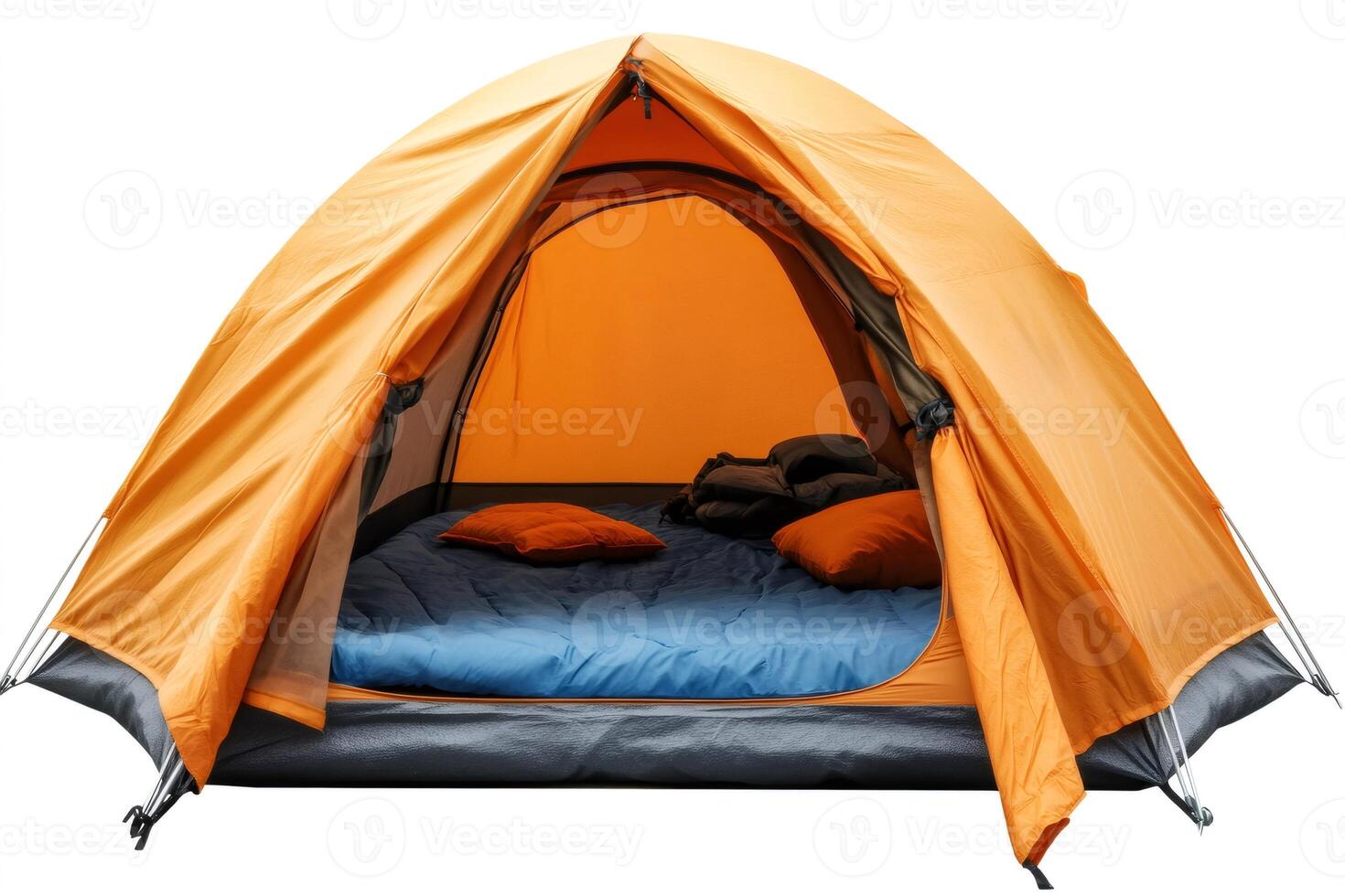 Bright orange camping tent open showing air mattress and pillows inside photo