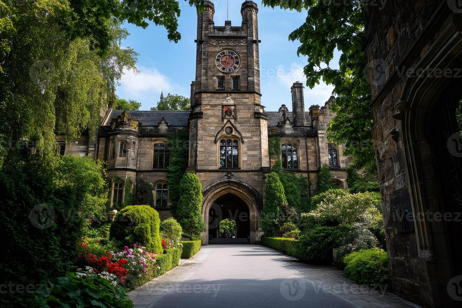 Majestic university campus building with clock tower and lush gardens photo
