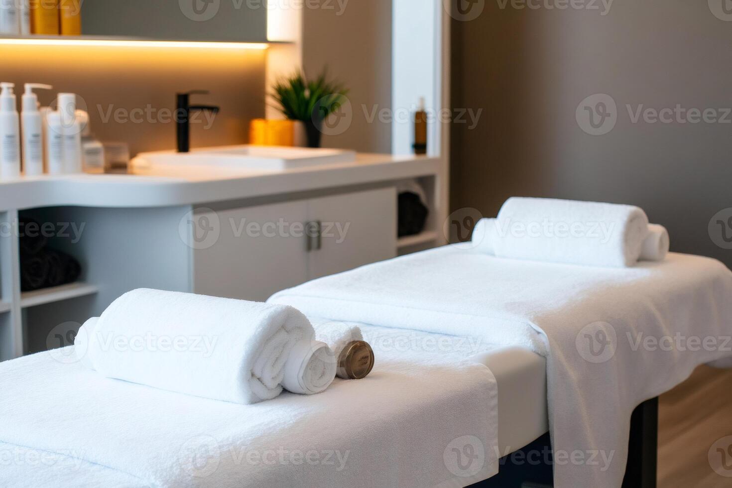 Massage table with clean towels in modern spa room photo