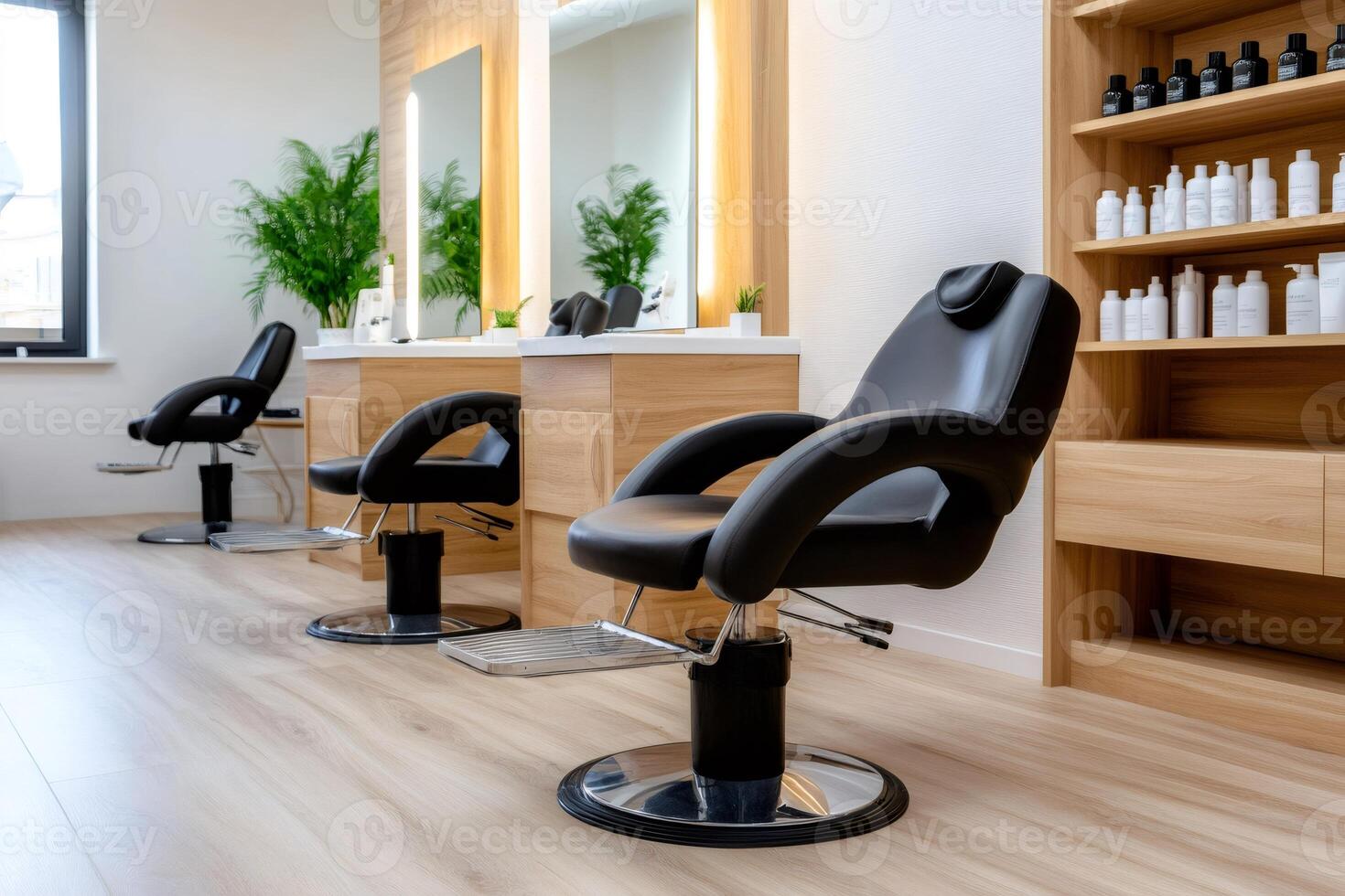 Modern hair salon interior design featuring empty black leather chairs photo