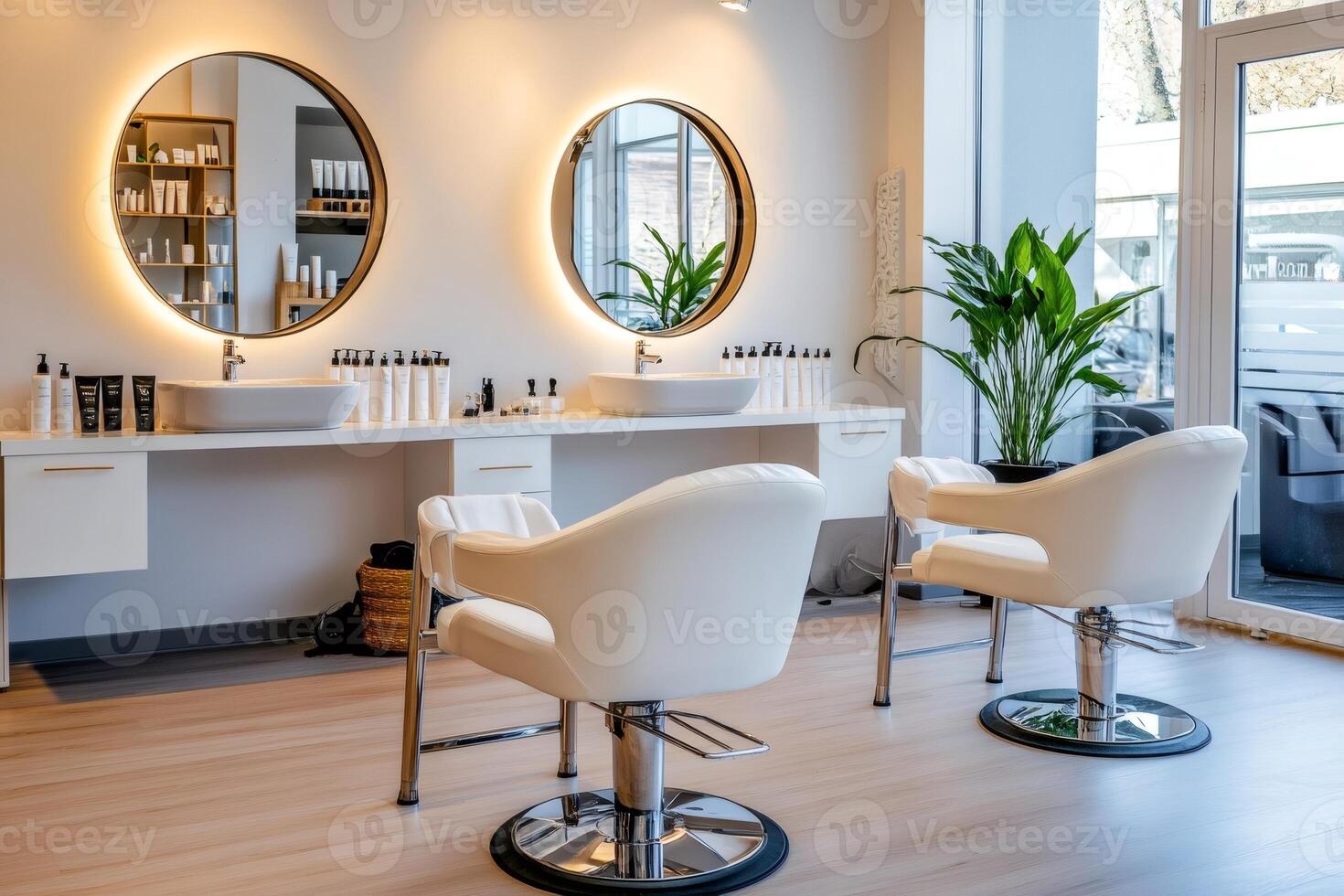 Modern hair salon interior design featuring styling chairs and wash basins photo