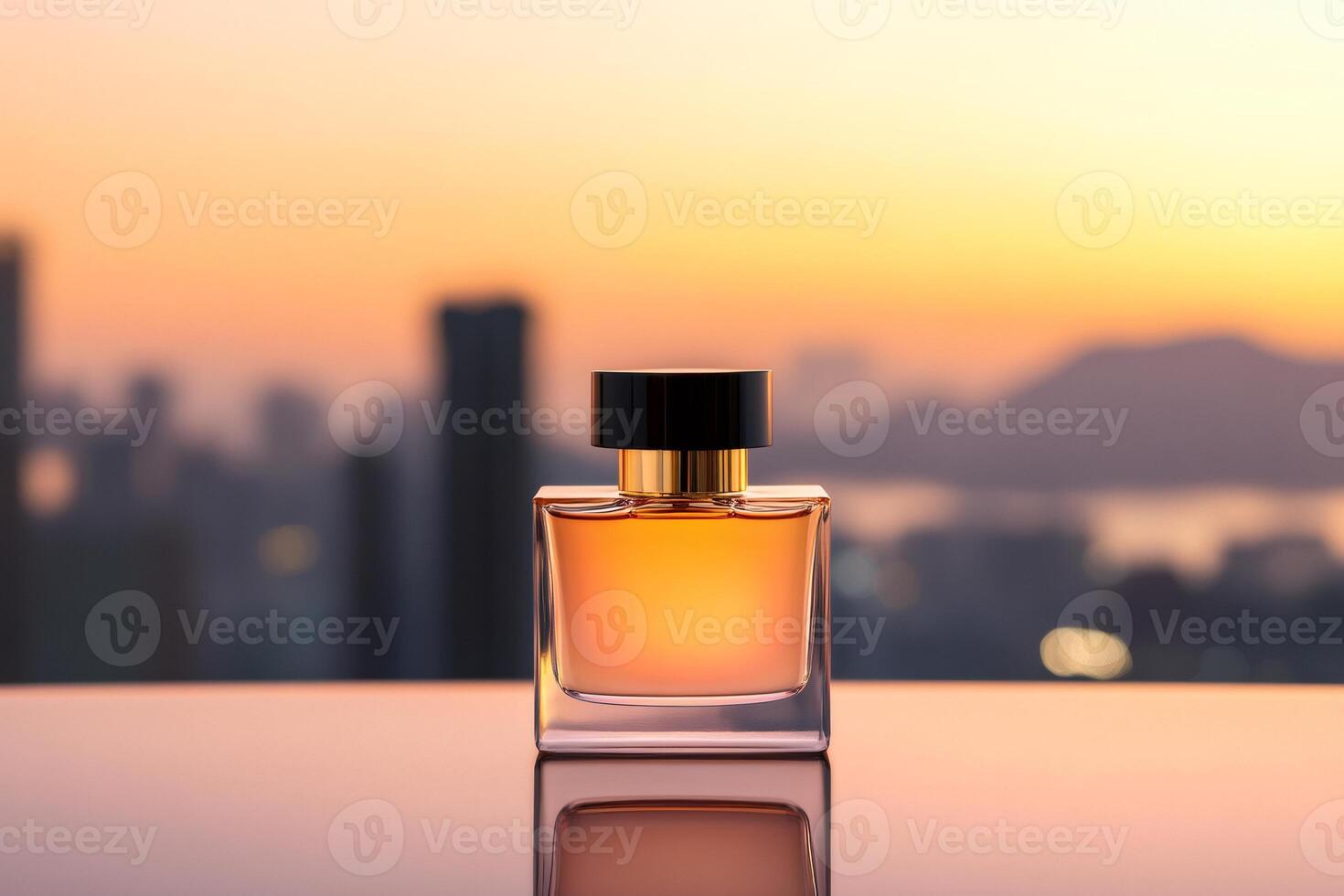 Elegant perfume bottle displayed on reflective surface at sunset with city skyline view photo