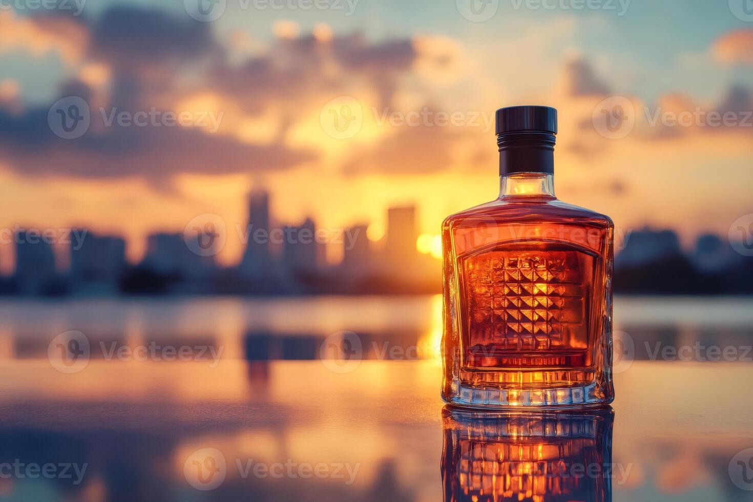 Whiskey bottle reflecting on glass table at sunset with city skyline photo