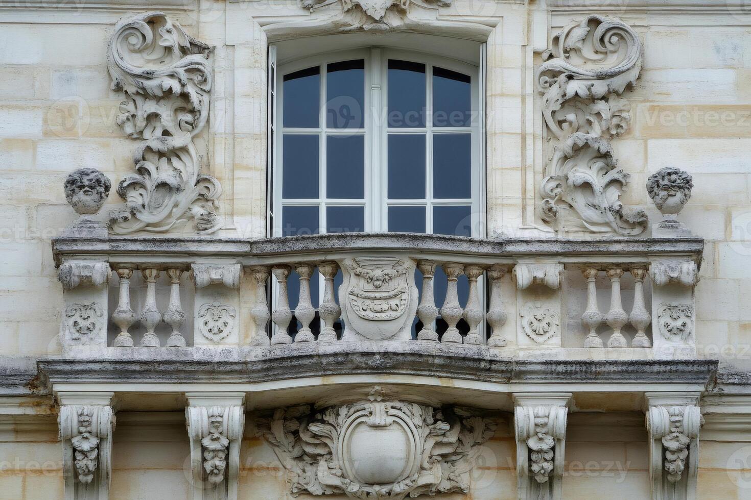 Elegant stone balcony with ornate sculptures and window enhancing a building's facade photo
