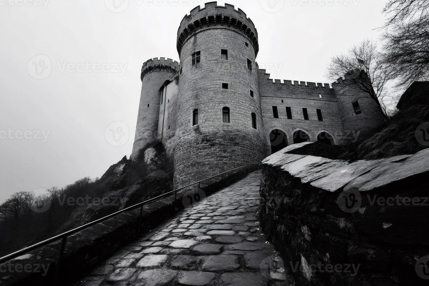 Cobblestone path leading to majestic castle in black and white photo
