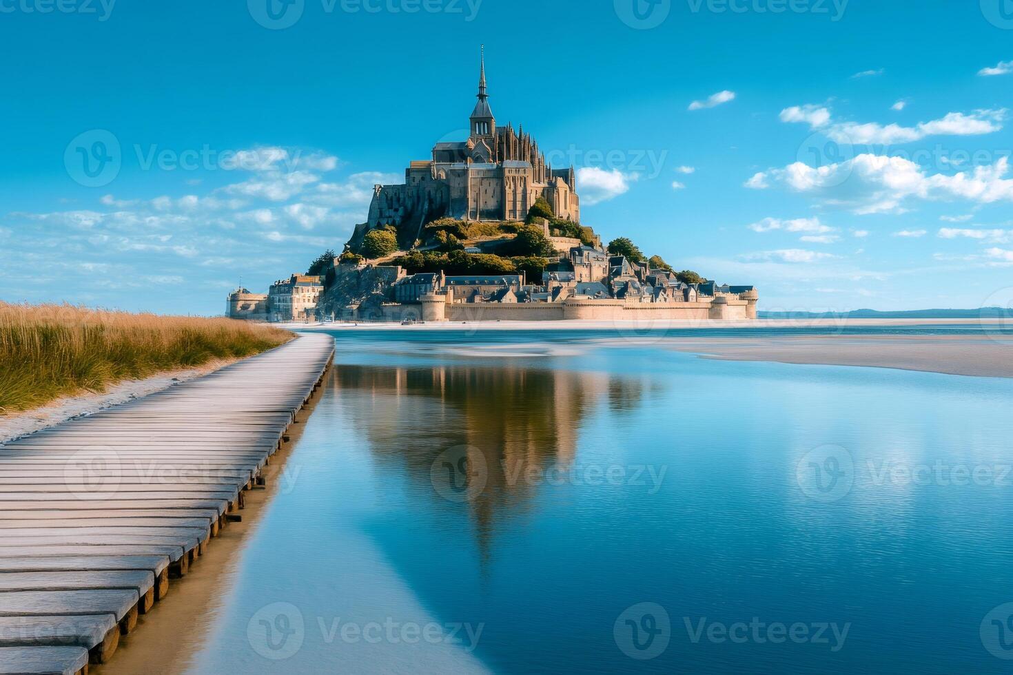 Mont saint michel reflecting on water with wooden walkway at low tide photo