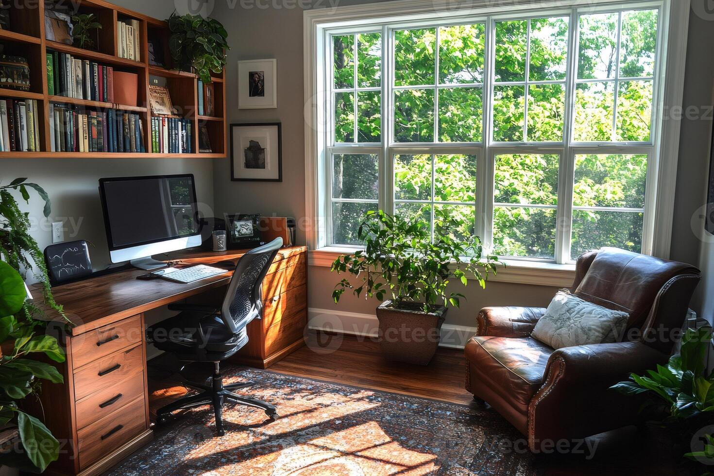 Home office with big window overlooking green trees and sunlight illuminating desk photo