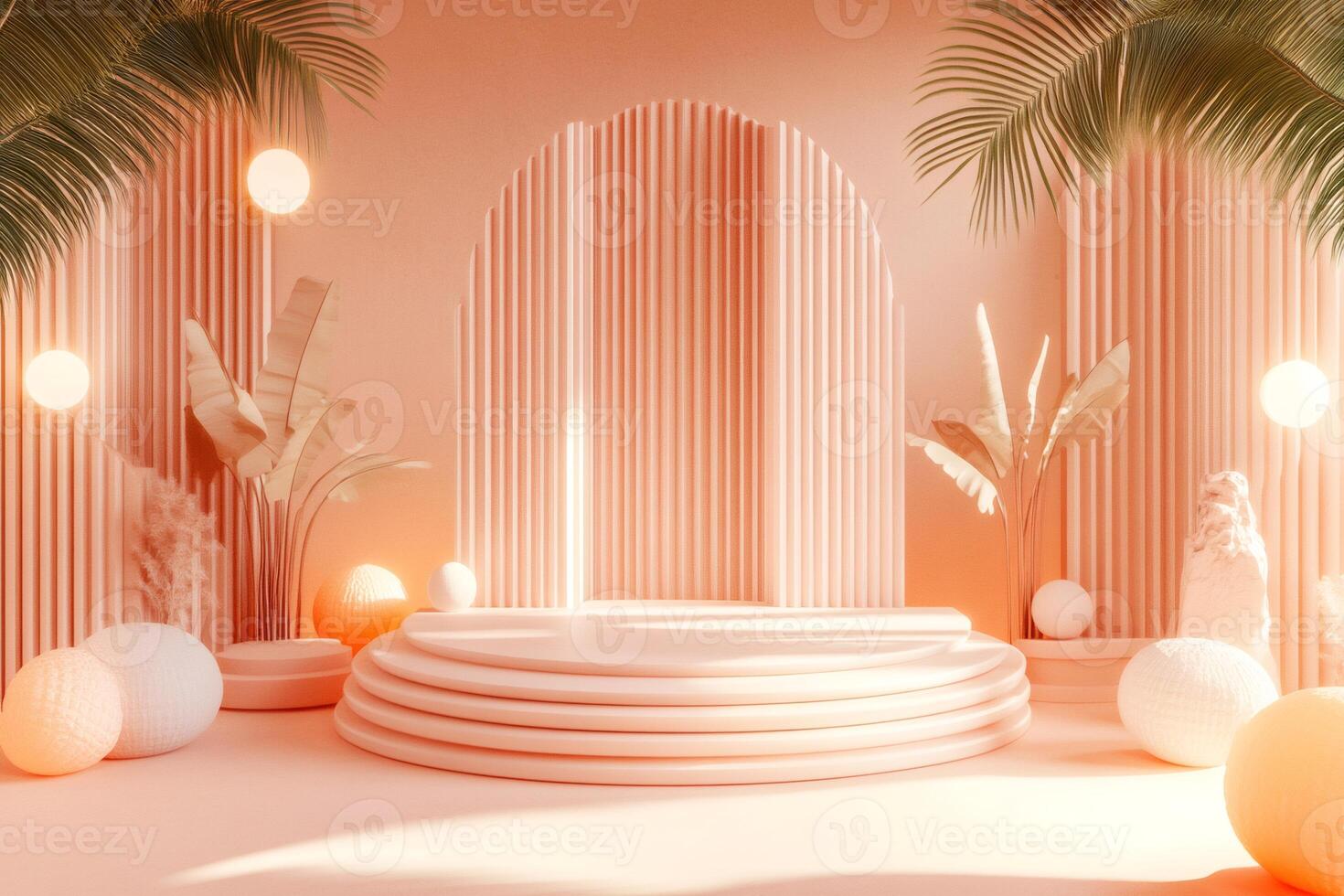 Peach colored round display stand with tropical plants and spheres illuminating a warm background photo