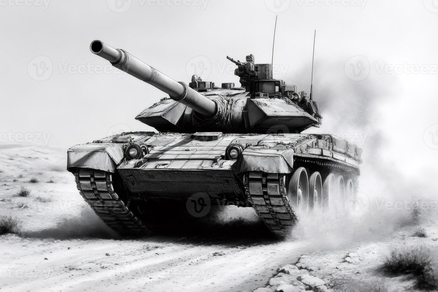 Powerful military tank moving on desert battlefield photo