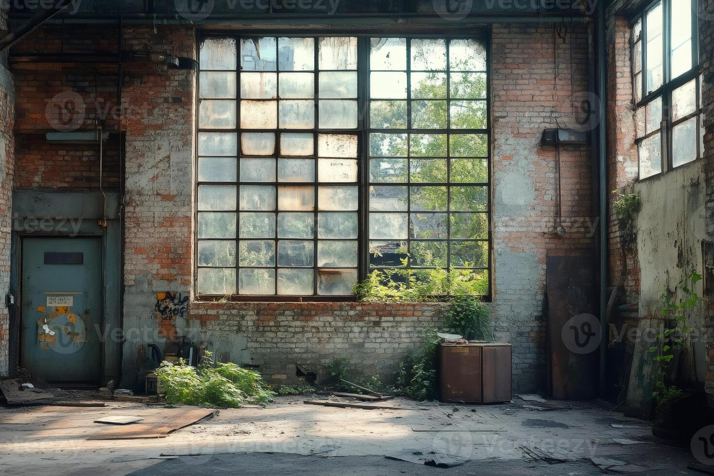 Sunlight entering through large windows of abandoned industrial building photo