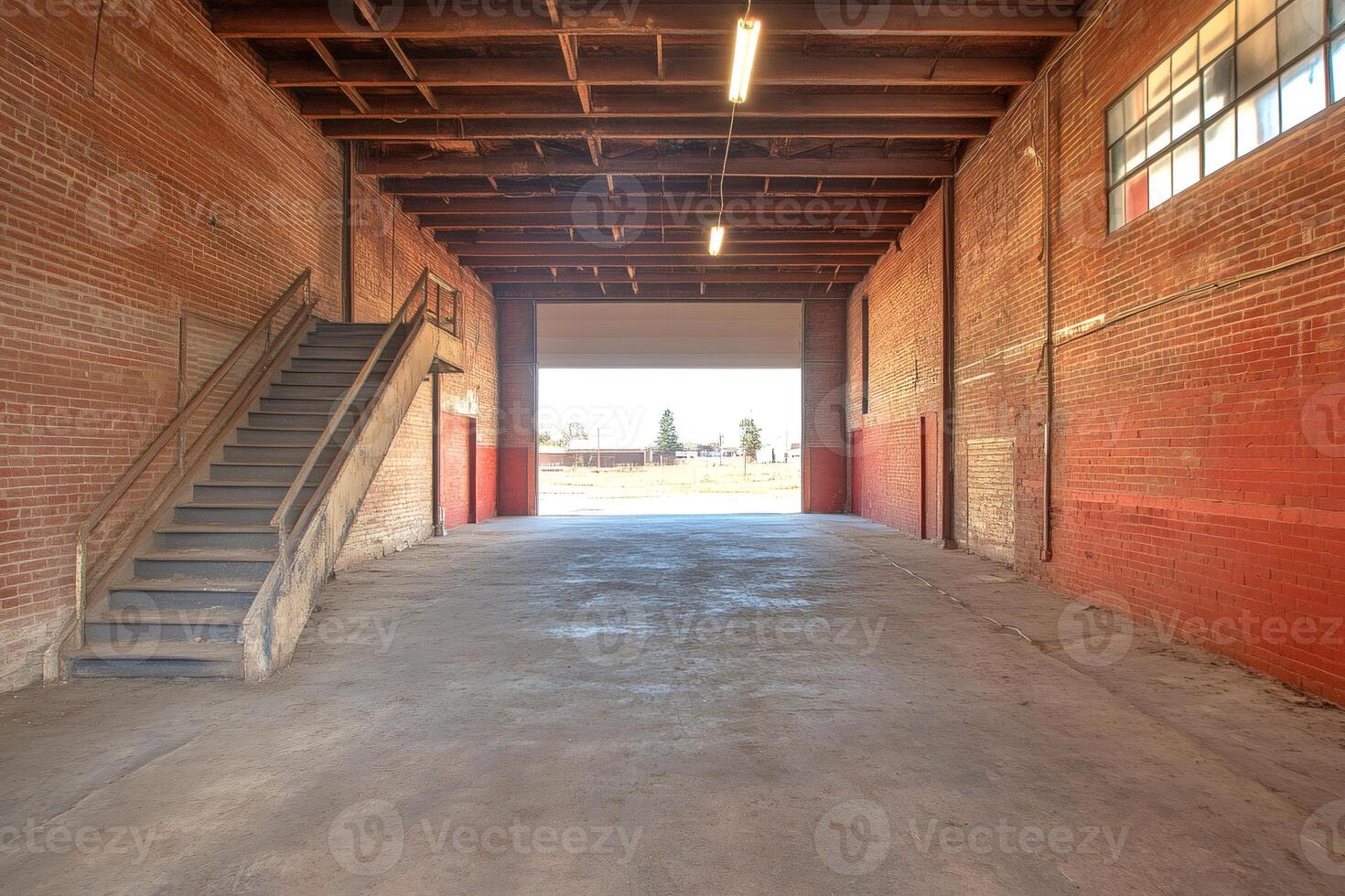 Empty industrial warehouse interior with open roller door and staircase photo