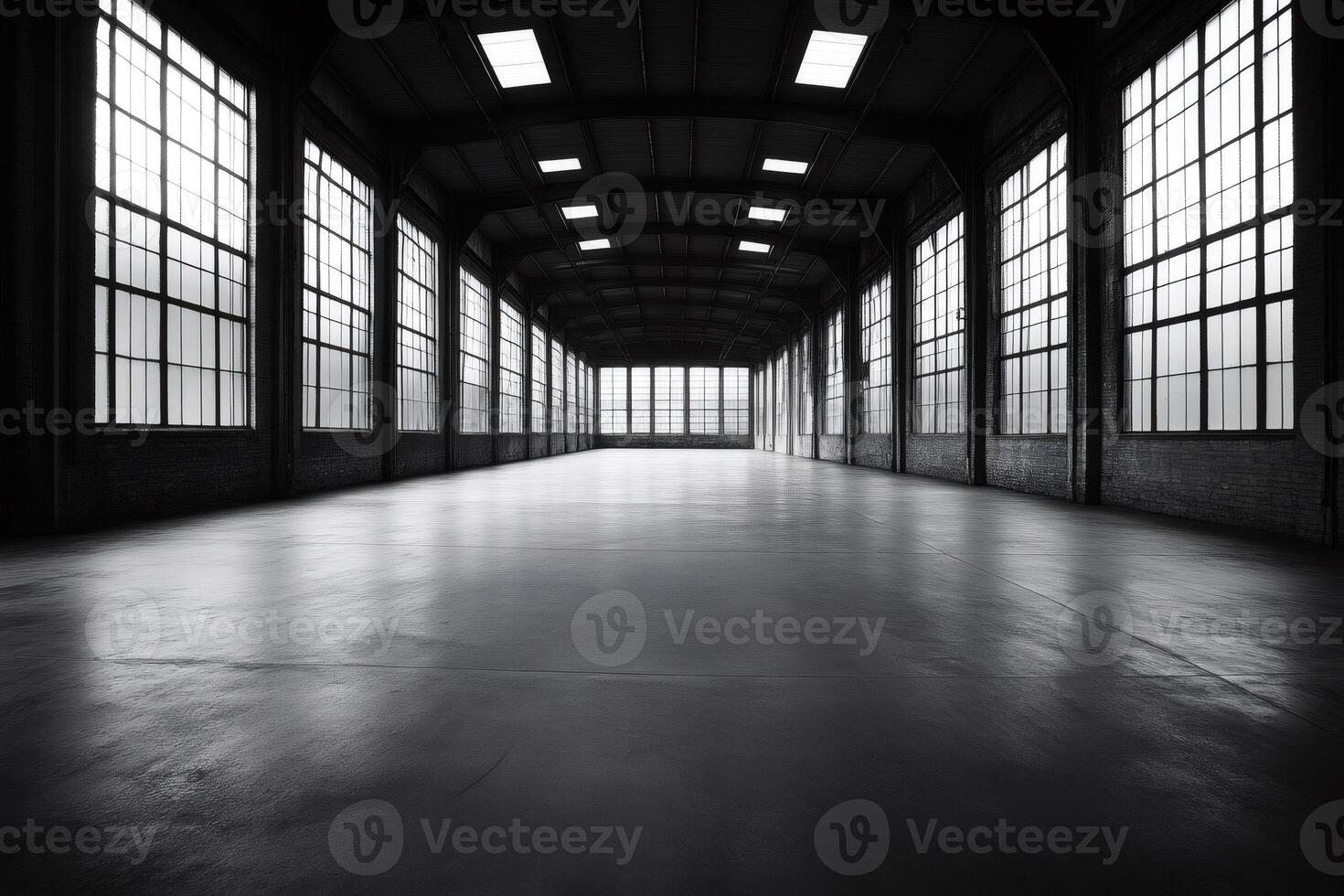 Empty industrial warehouse with large windows and concrete floor photo