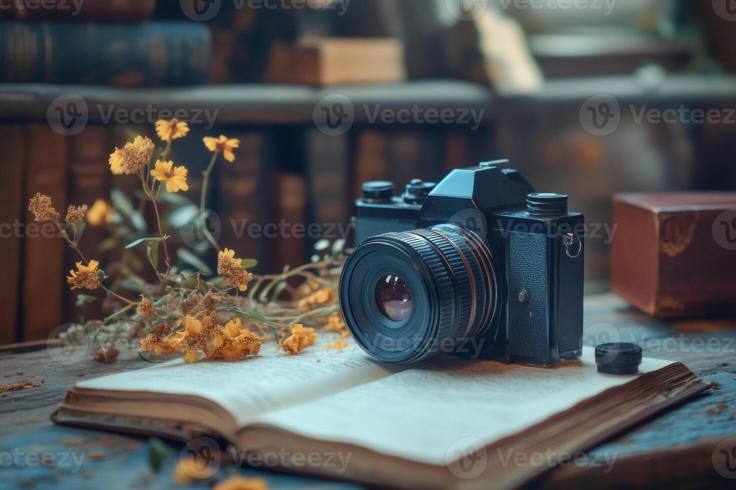 Vintage camera resting on open book with dried flowers and bookshelf in background photo